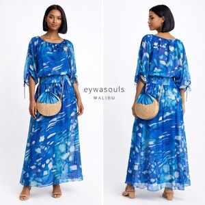 Eywasouls Malibu Evelyn Aqua Blue Boho Chiffon Smocked Maxi Dress Flowy Size M/L